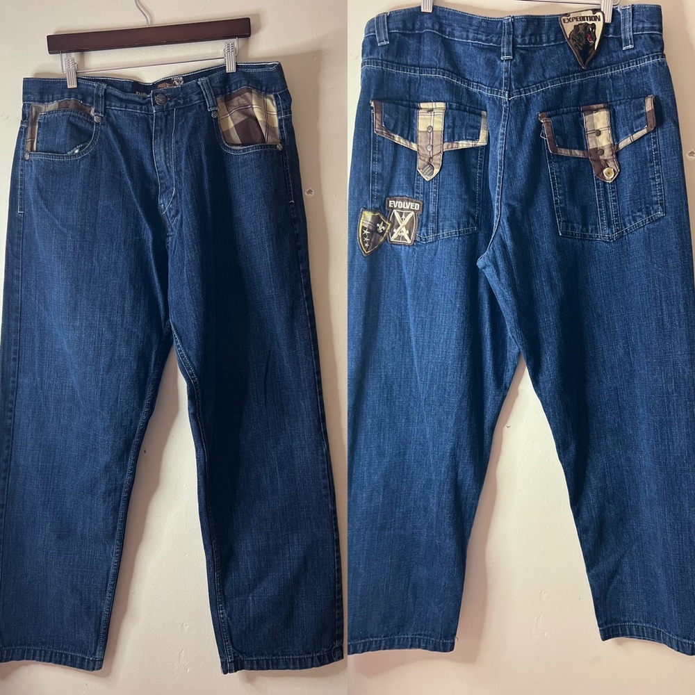 Vintage Evolution Y2K baggy Blue Denim Jeans Hip Hop with Accents 38X34